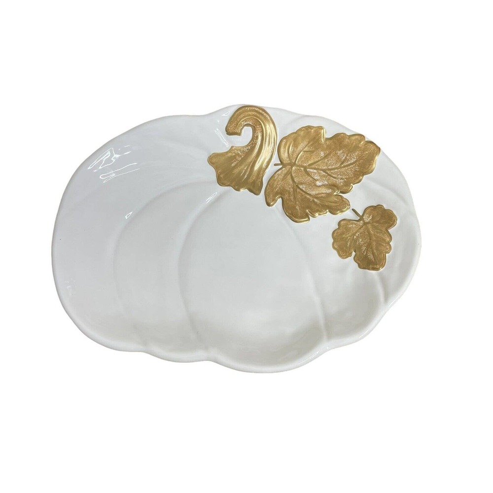 Pier1 Imports White Pumpkin Platter Gilded Porcelain Serving Platter 15 x 11.5